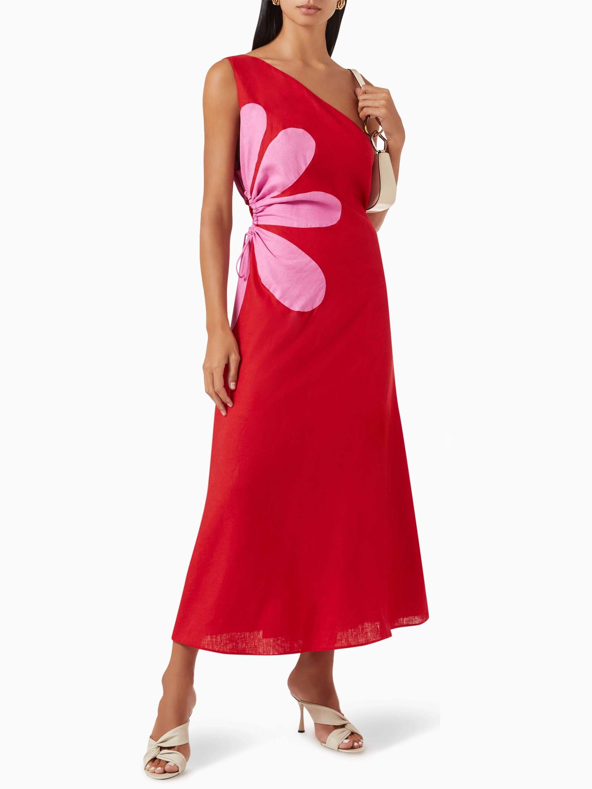 Geblümtes schulterfreies Midikleid mit positioniertem Druck