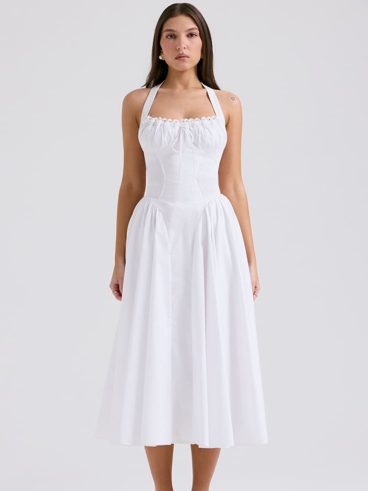 Weißes rückenfreies Neckholder-Midikleid