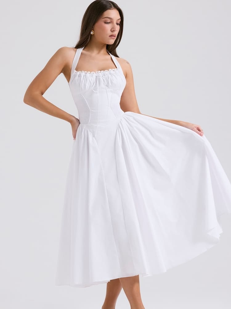 Weißes rückenfreies Neckholder-Midikleid