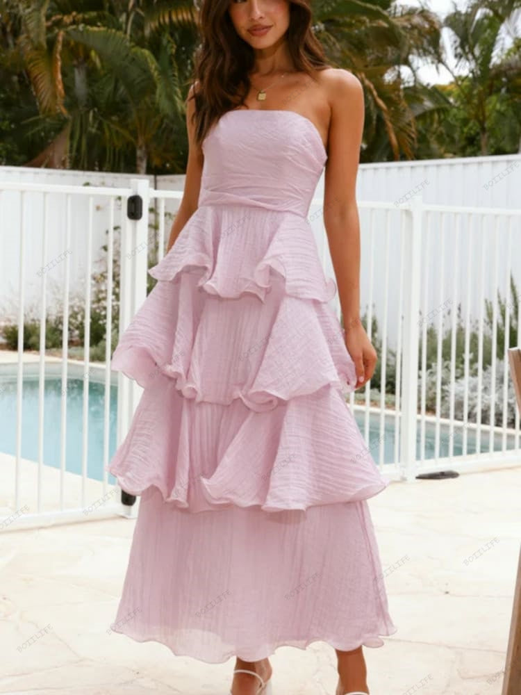 Elegantes, trägerloses, rückenfreies Midi-Kleid mit Stufenrock