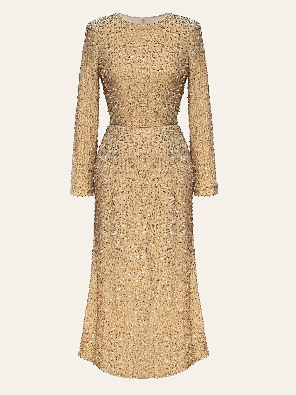 Paillettenverziertes Samt-Midikleid in Beige