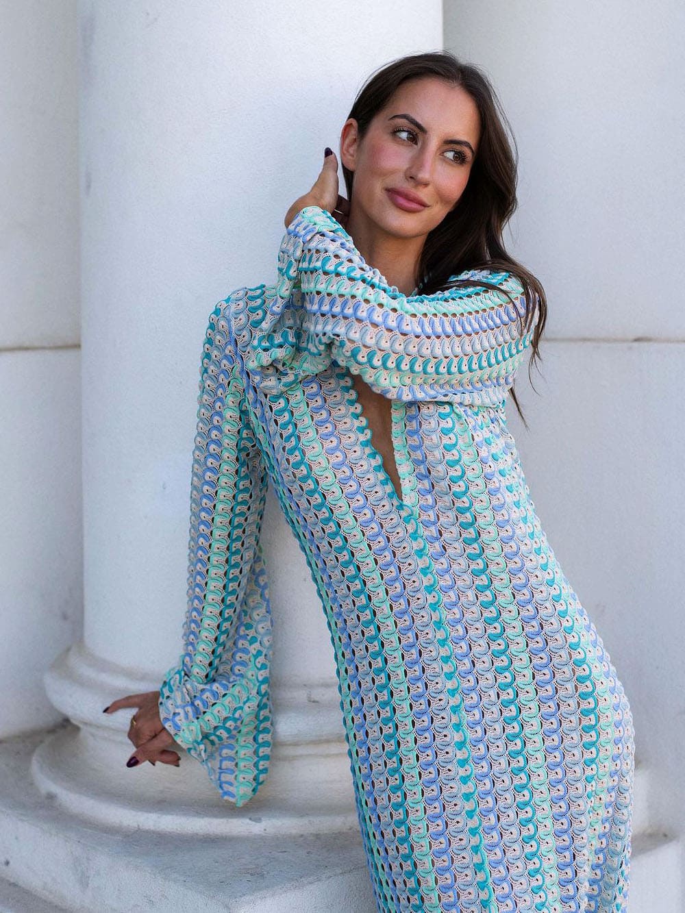 Boho V-Ausschnitt Glockenärmel Wellenförmig Gestreift Häkel Strand Urlaub Maxikleid - Blau
