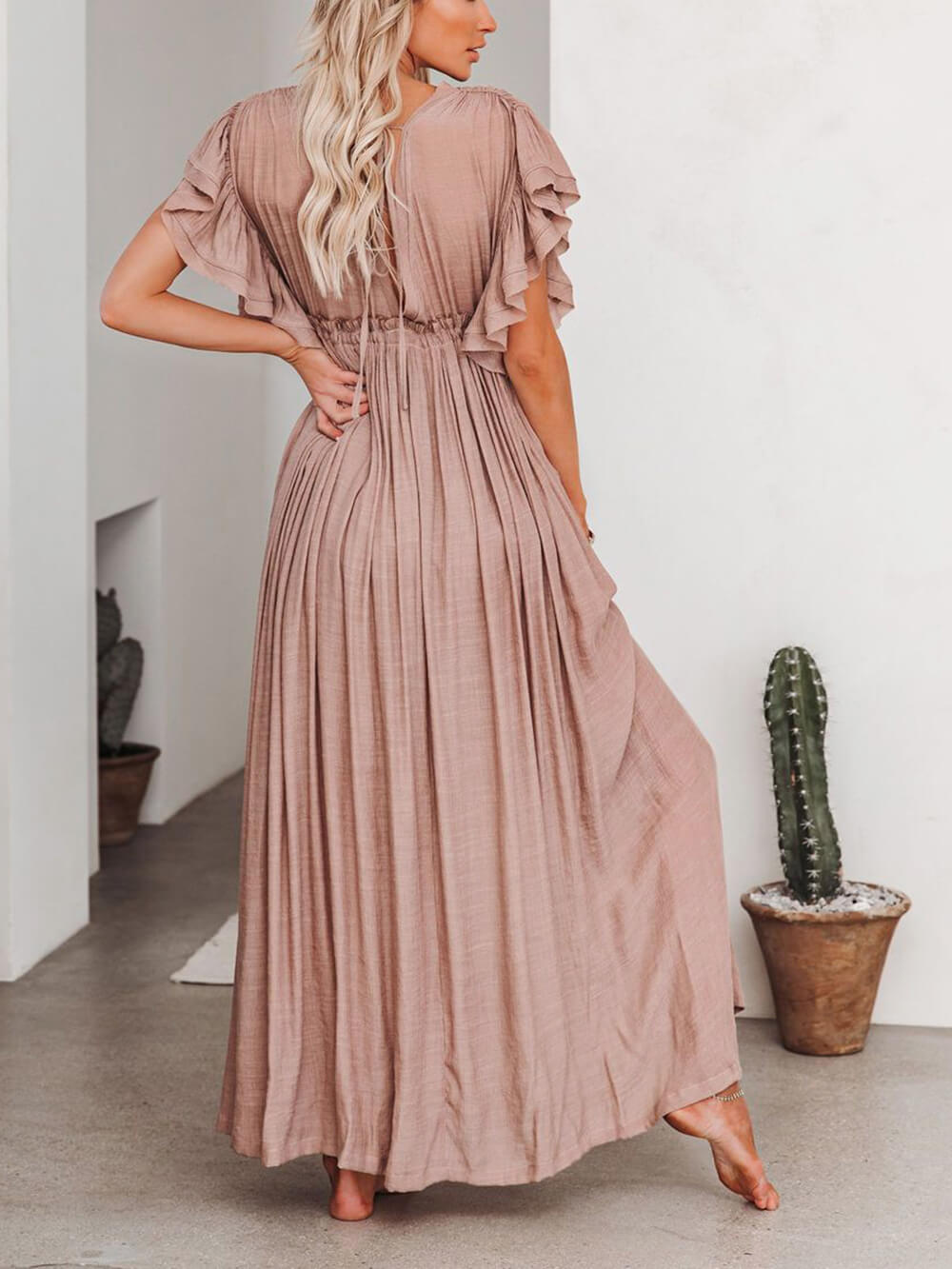Knopf Baumwoll Leinen Perfektes Strand Boho Maxikleid