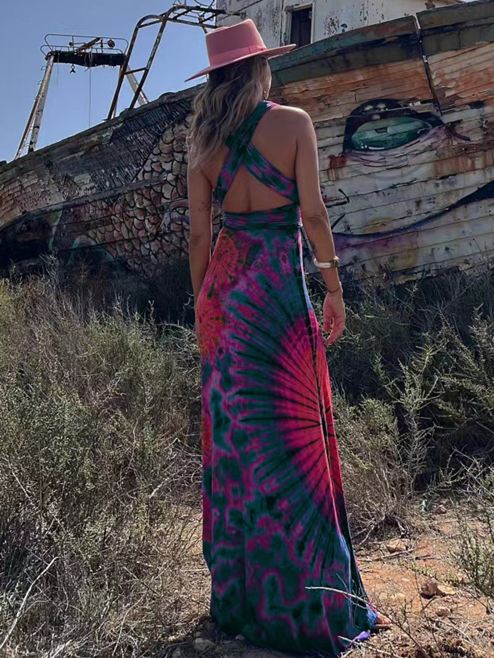 Batik-Print V-Ausschnitt Überkreuzte Träger Rückenfrei Stretch Maxikleid