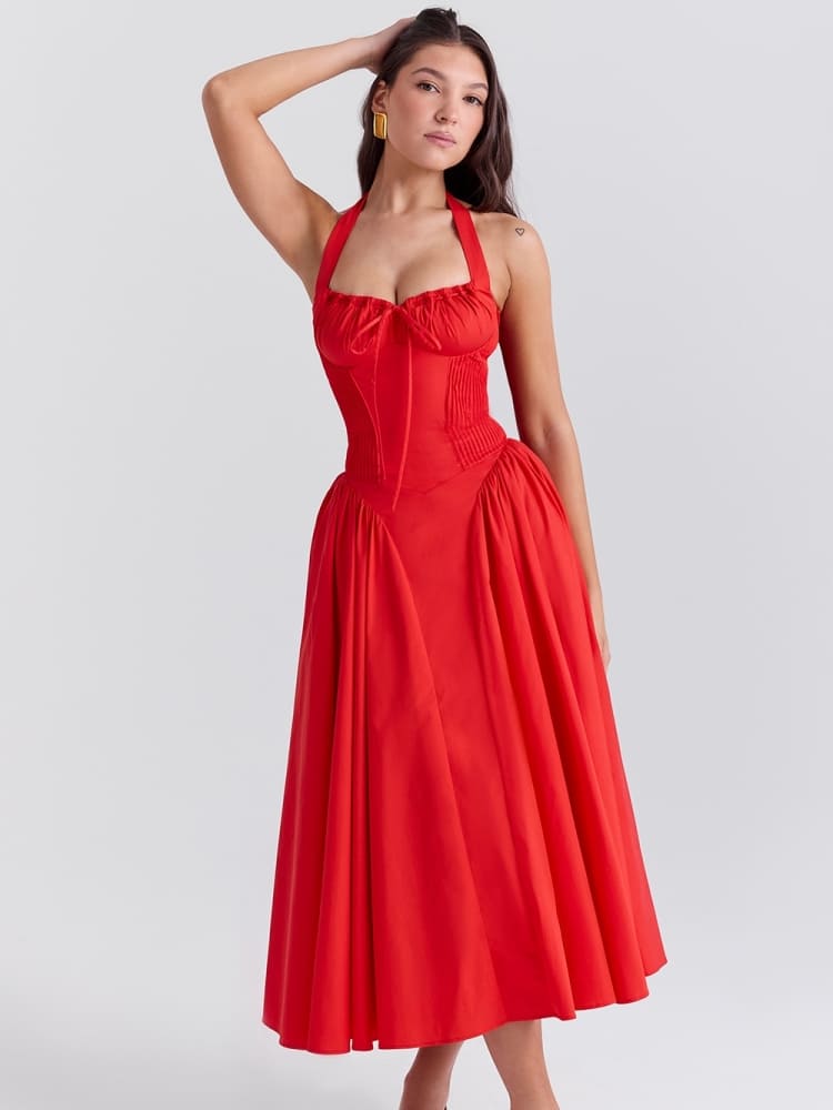 Rotes rückenfreies Neckholder-Midikleid