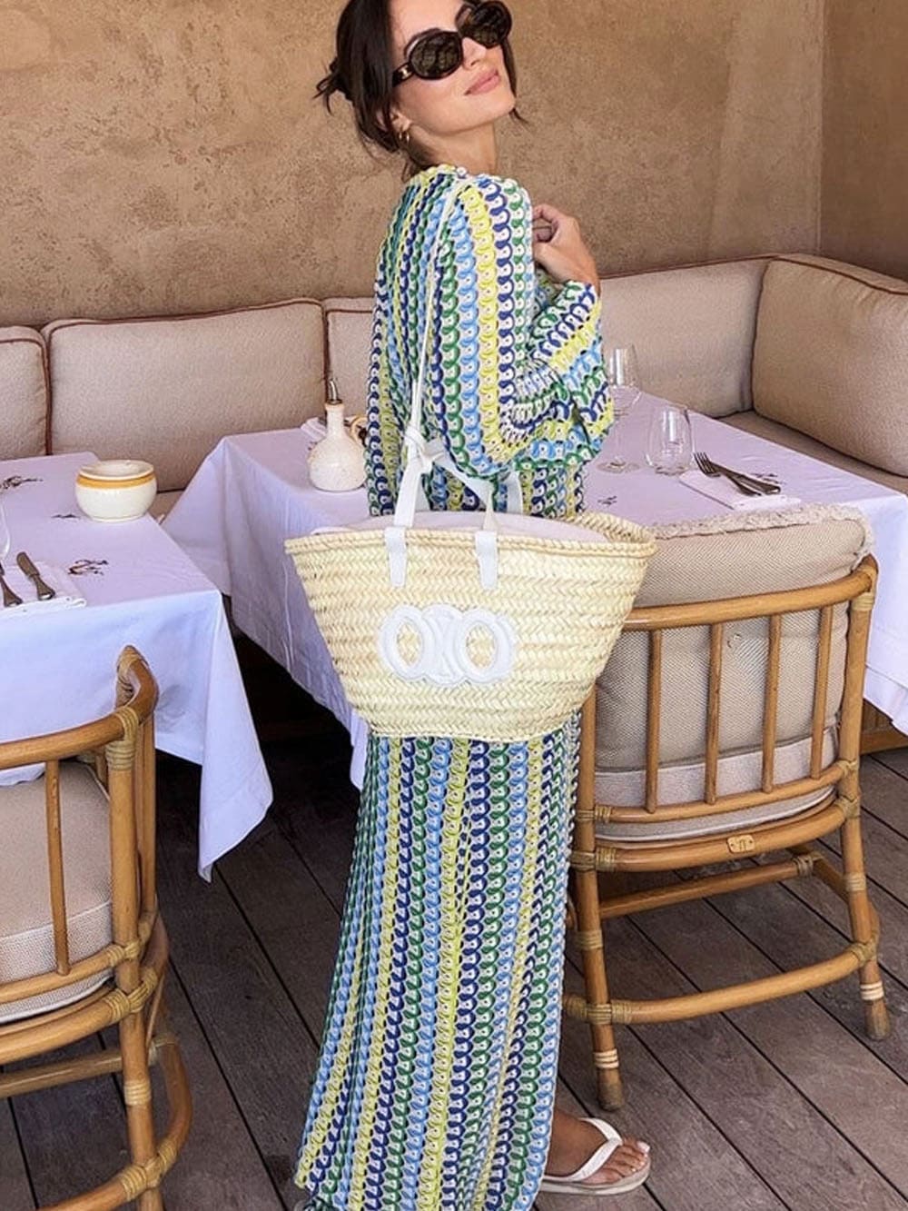 Boho V-Ausschnitt Glockenärmel Wellenförmiges Streifen-Häkel-Maxikleid für den Strandurlaub – Gelb