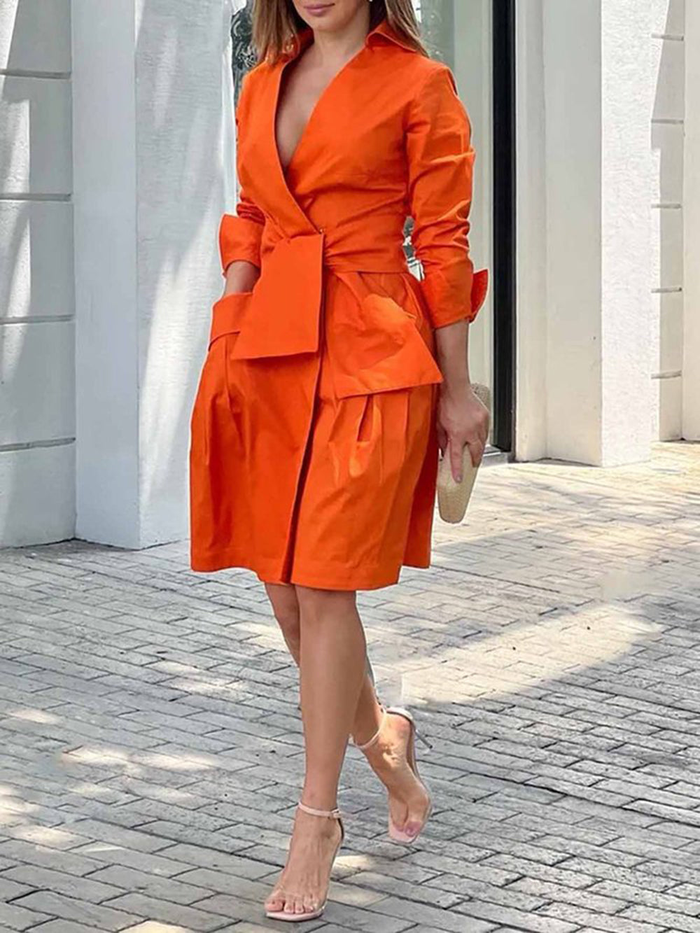 Orange drapiertes Baumwoll-Wickelkleid