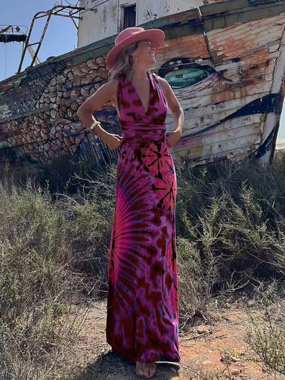 Batik-Print V-Ausschnitt Überkreuzte Träger Rückenfrei Stretch Maxikleid