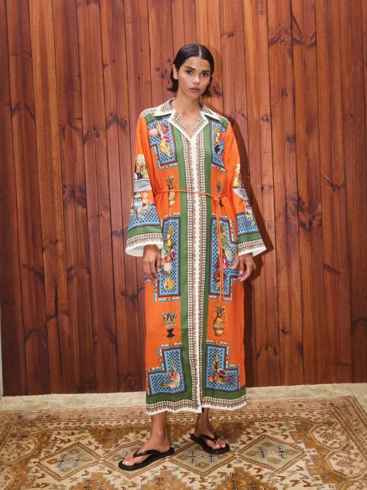 Leinen-Midi-Kleid mit Blazer-Kragen