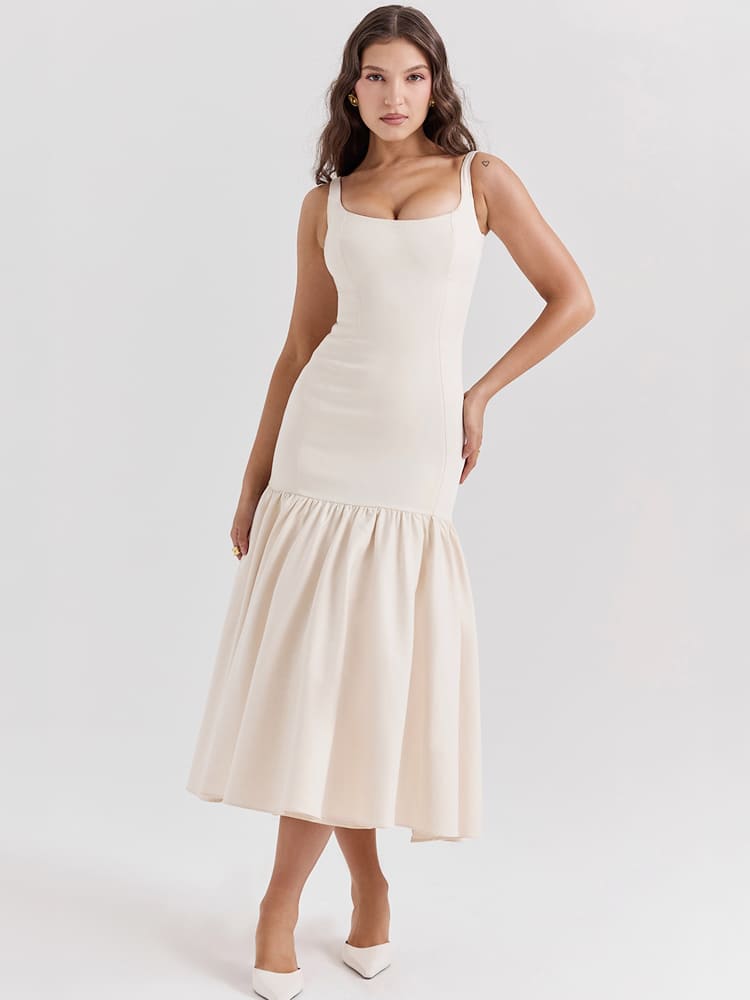 Vintage Midi-Kleid mit niedriger Taille – Creme Beige