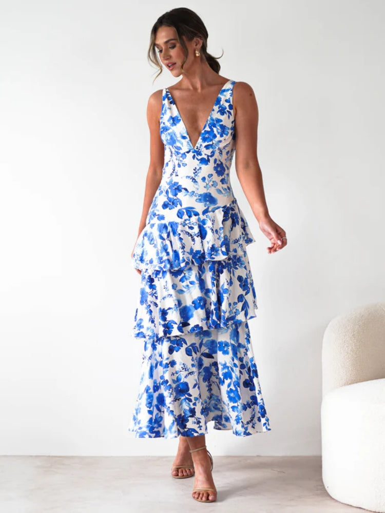 Geblümtes V-Ausschnitt Slip-Kleid