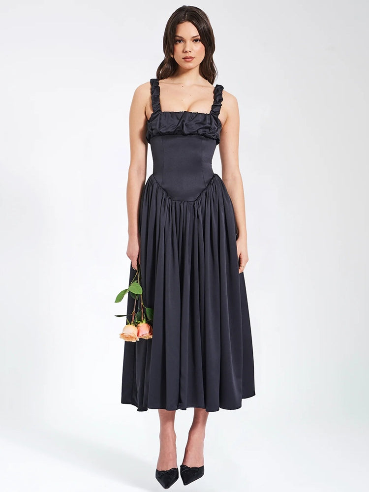 Noreen plissiertes Träger-Maxikleid mit Puffärmeln