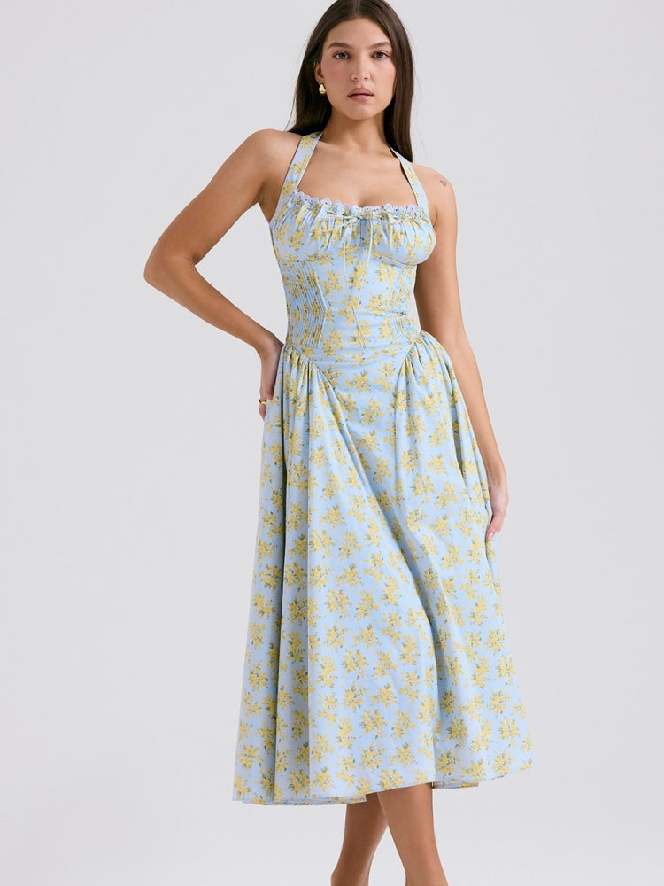 Weiches blaues rückenfreies Tanktop-Kleid mit Vintage-Blumenmuster