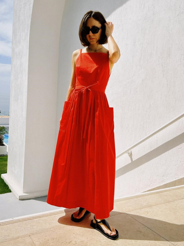 Red Square-Neck Tie-Waist Midi Dress