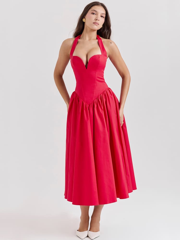 Neckholder-Midikleid mit Seitenschlitz – Scharlachrot