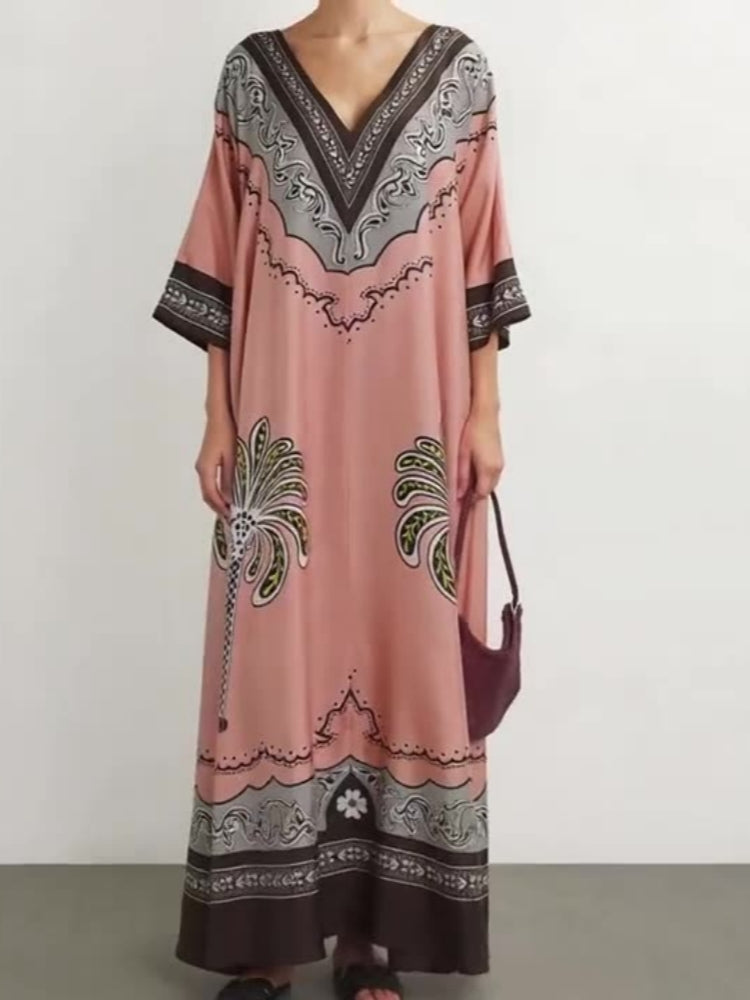 Urlaubs-Stil V-Ausschnitt Satin-Kleid mit Print