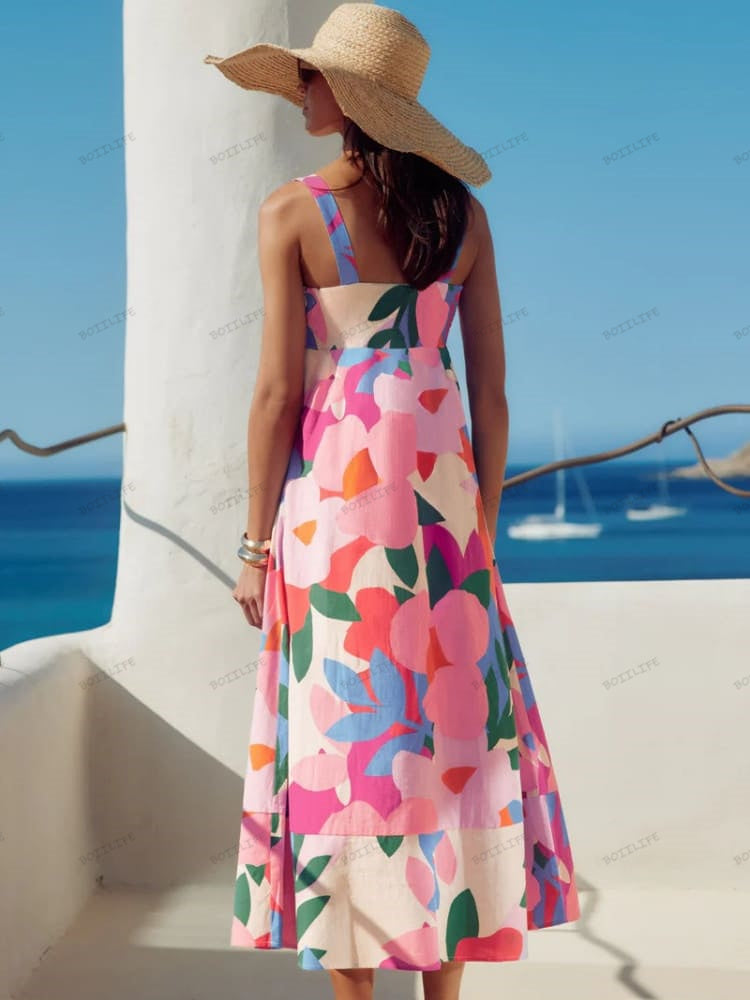 Französisches Maxikleid mit Blumenmuster im Urlaubsstil