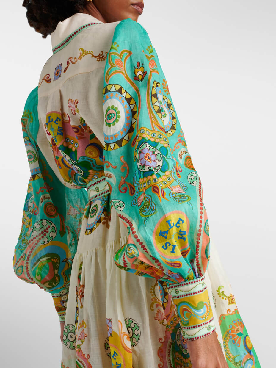 Einzigartiges, exquisites Mode-Print Midikleid mit Puffärmeln zum Binden