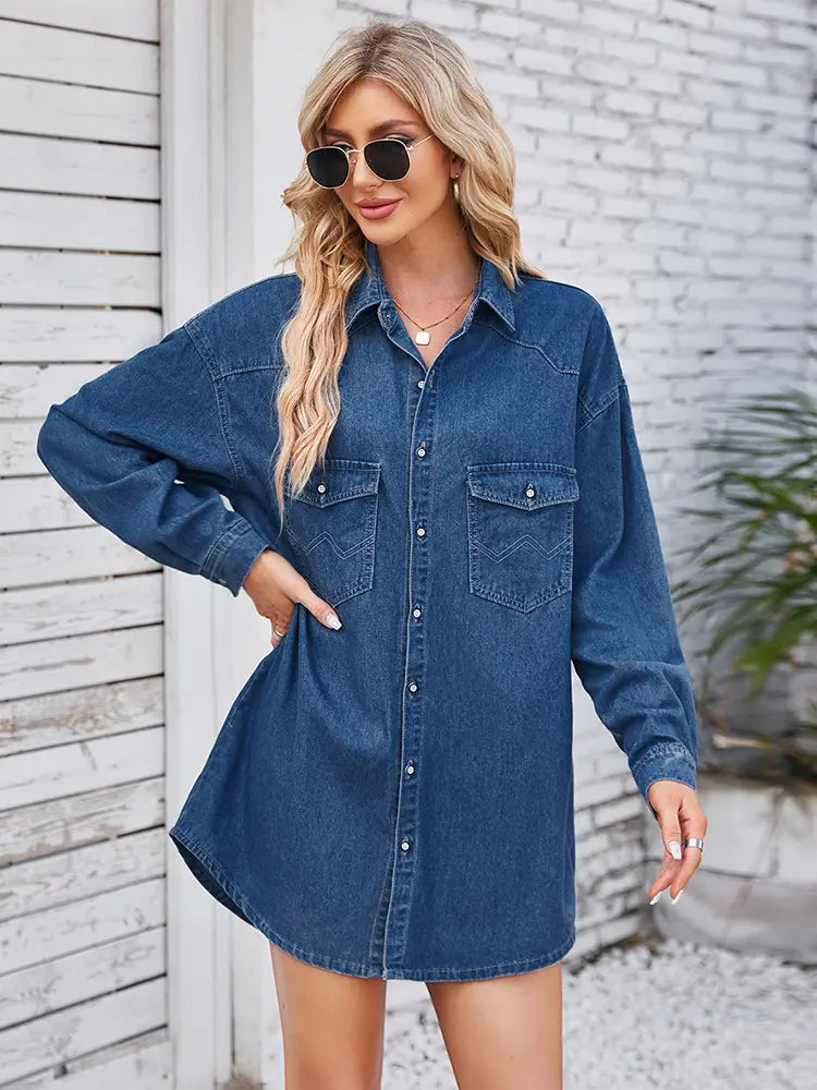 Vintage gewaschenes Denim-Midikleid mit langen Ärmeln