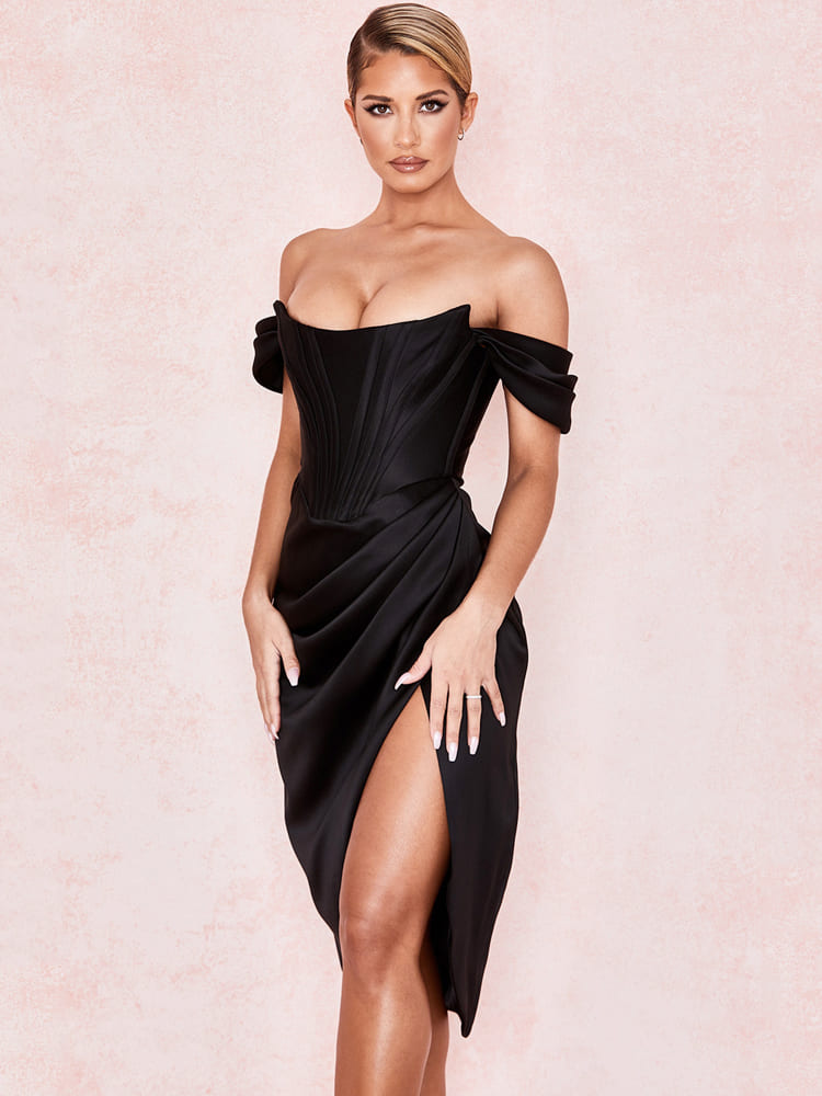Midi-Kleid mit Kappenärmeln und Korsett-Oberteil – Schwarz