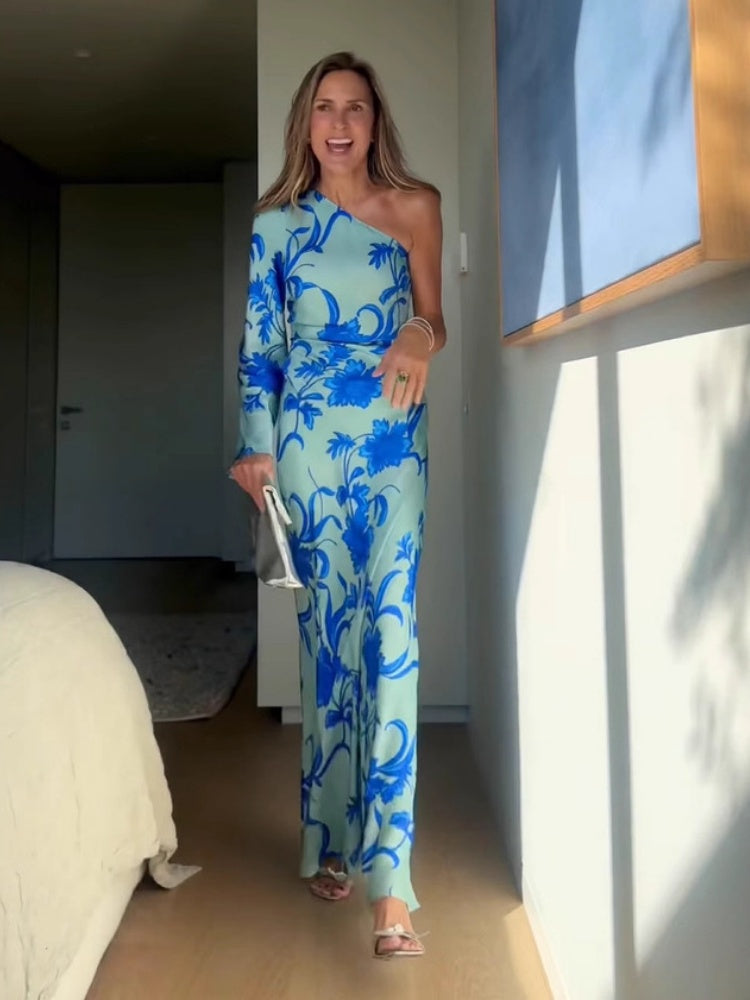 Asymmetrisches schulterfreies florales Maxikleid