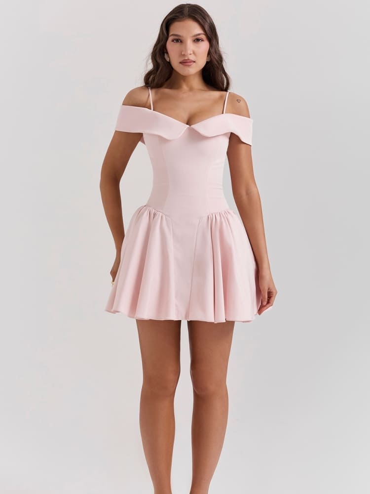 Ballettrosa schulterfreies Spaghettiträger-Minikleid