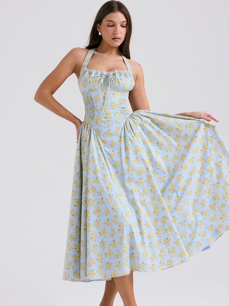 Weiches blaues rückenfreies Tanktop-Kleid mit Vintage-Blumenmuster