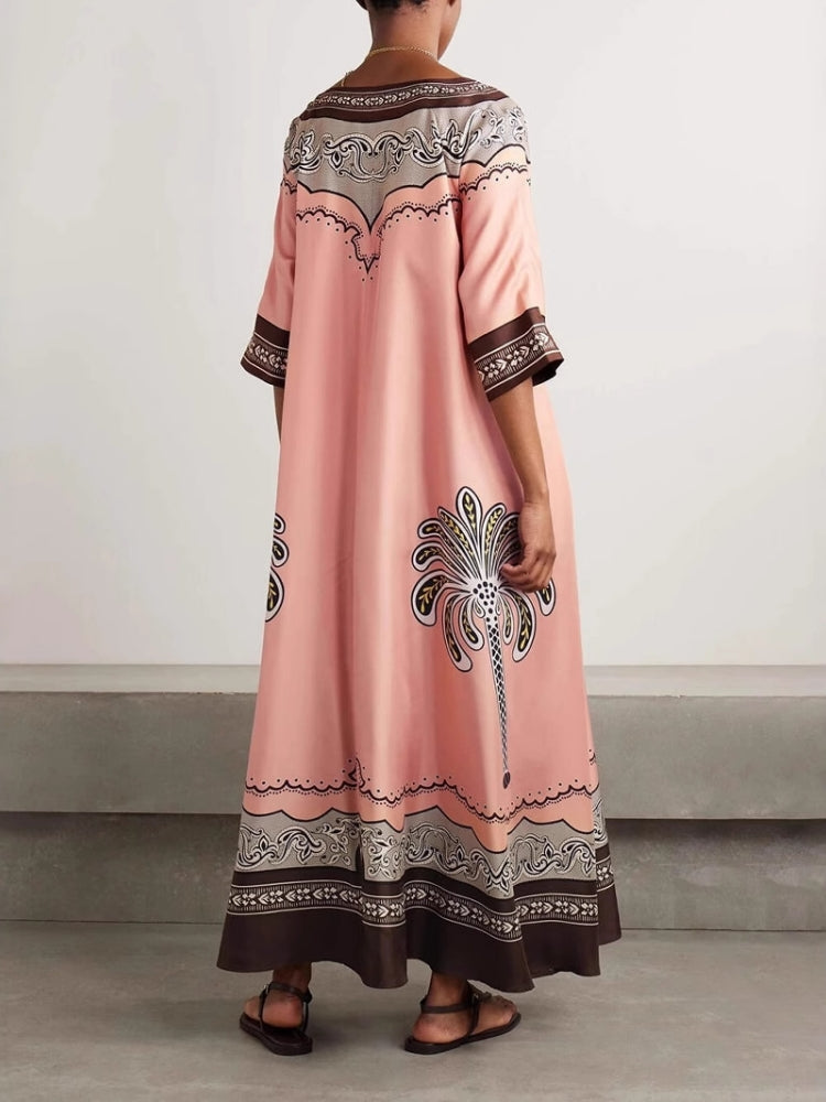 Urlaubs-Stil V-Ausschnitt Satin-Kleid mit Print