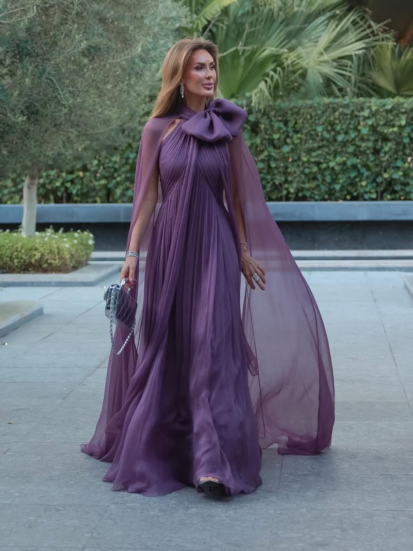 Mauve Chiffon Bow Cape Sleeve Pleated Maxi Gown