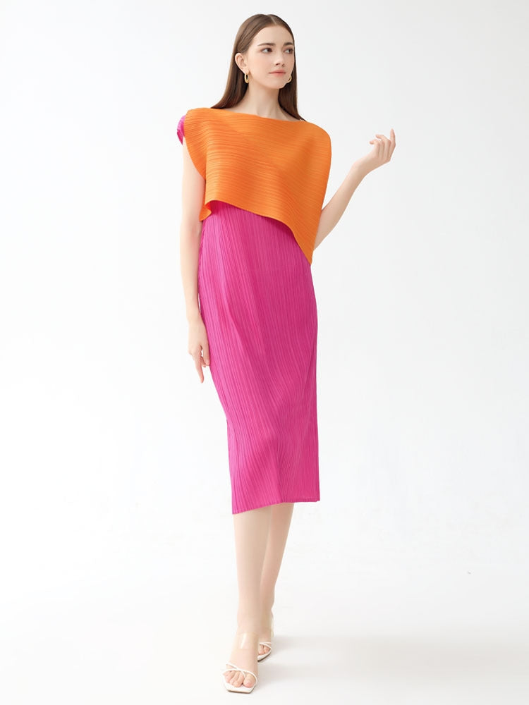 Rundhals-Midikleid mit Falten und Farbblockdesign