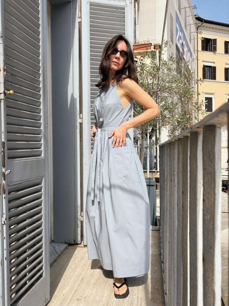 Light Gray Tie-Waist Midi Dress with Pockets