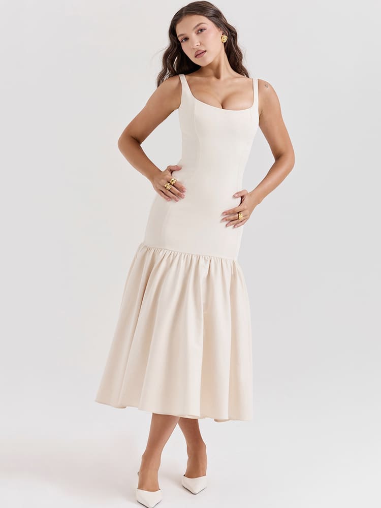 Vintage Midi-Kleid mit niedriger Taille – Creme Beige