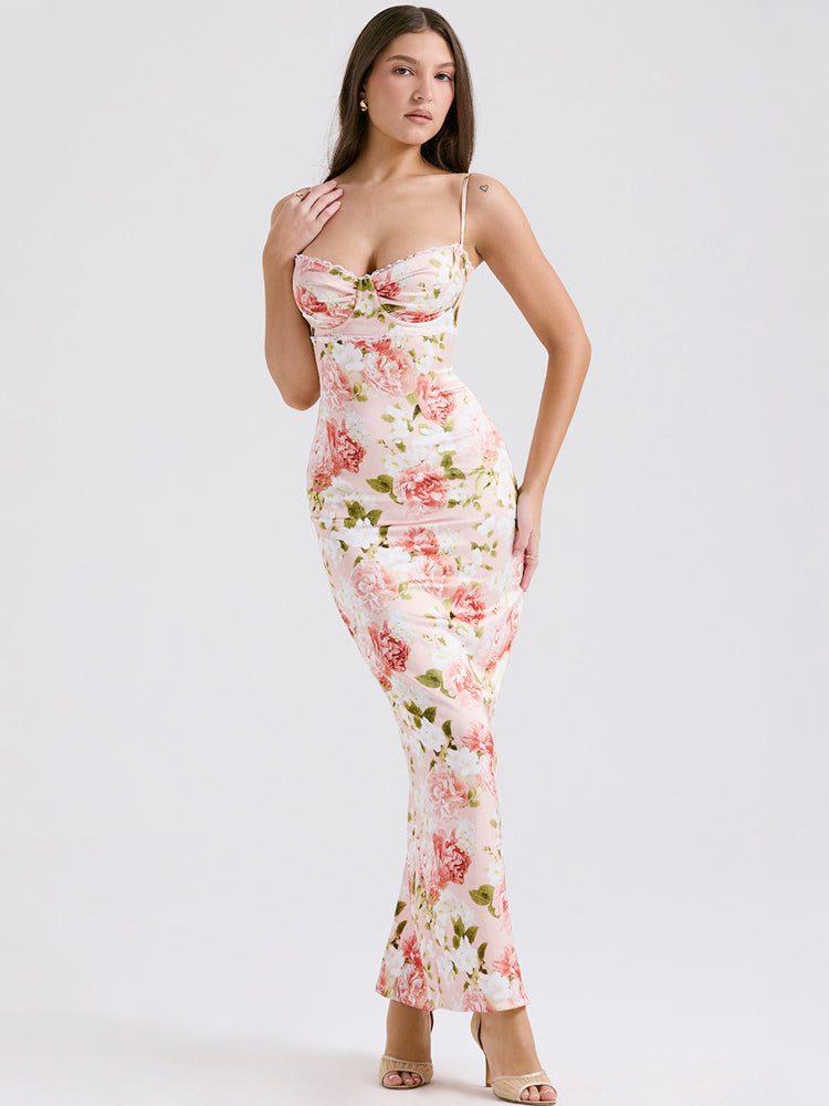 Pinkes Satin-Maxikleid mit Pfingstrosenmuster
