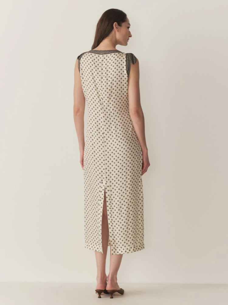 Cream Geometric Print Tie-Strap Midi Dress