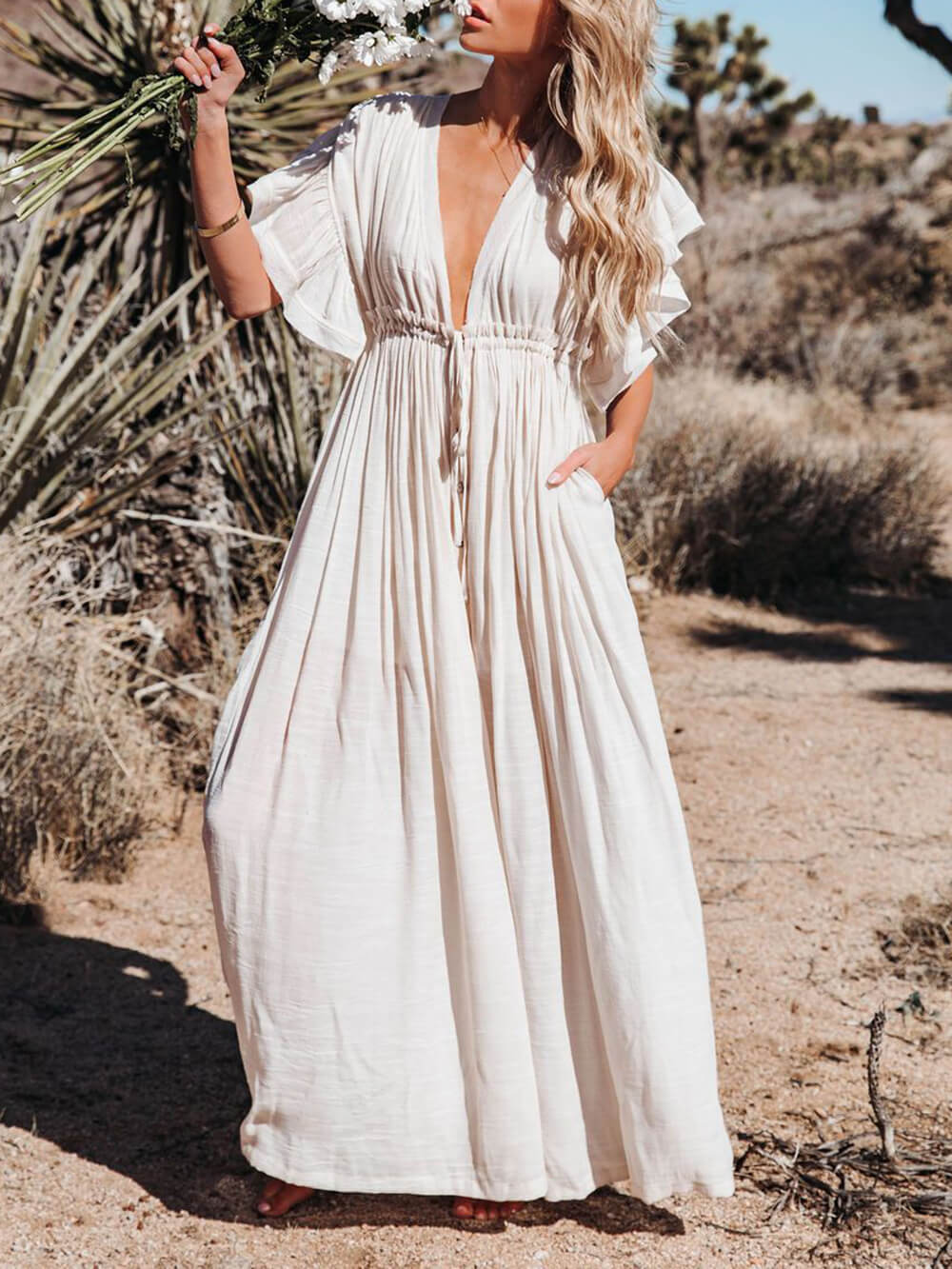 Knopf Baumwoll Leinen Perfektes Strand Boho Maxikleid