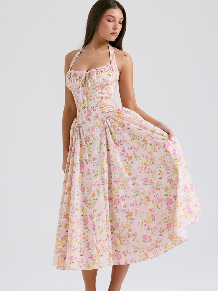 Rosa Wiesen-Print Rückenfreies Midi-Trägerkleid