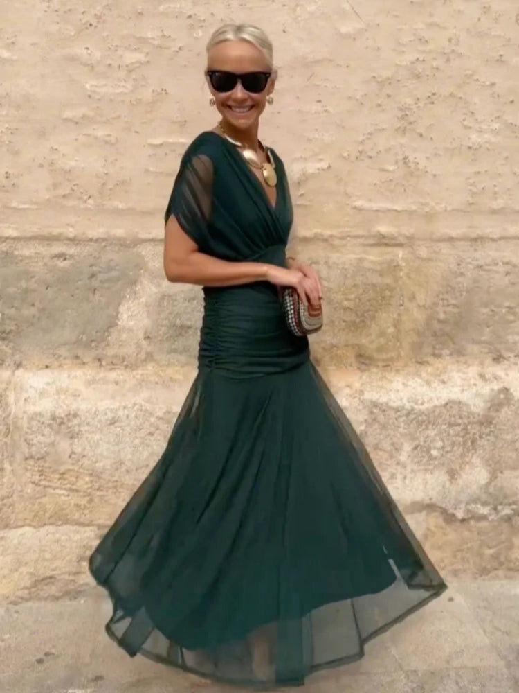 Elegantes V-Ausschnitt Maxi-Partykleid mit fantasievollem Blumendruck