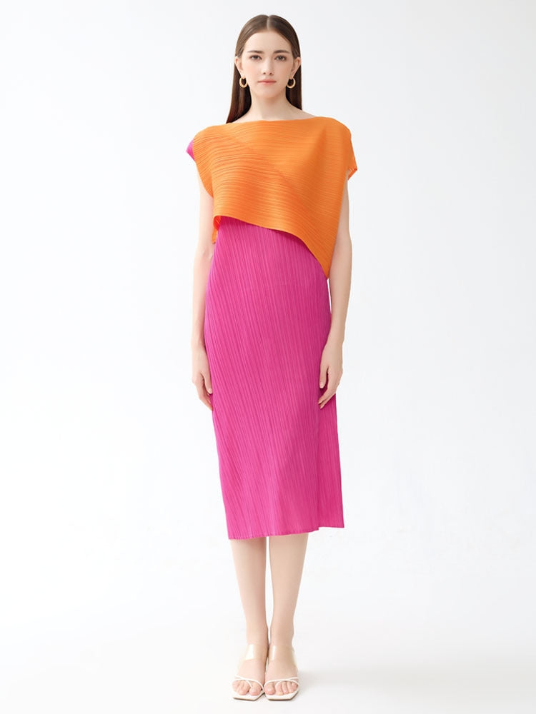 Rundhals-Midikleid mit Falten und Farbblockdesign