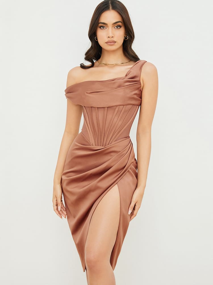 Schulterkorsett-Bodycon-Midikleid mit Kappenärmeln – Toffeebraun