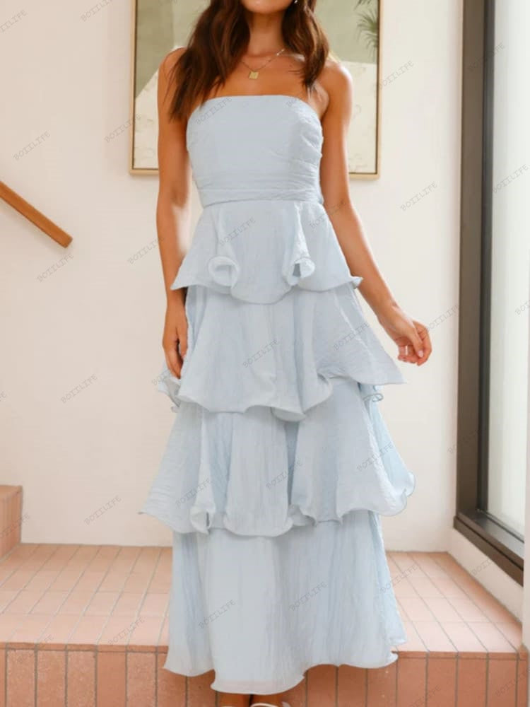 Elegantes, trägerloses, rückenfreies Midi-Kleid mit Stufenrock