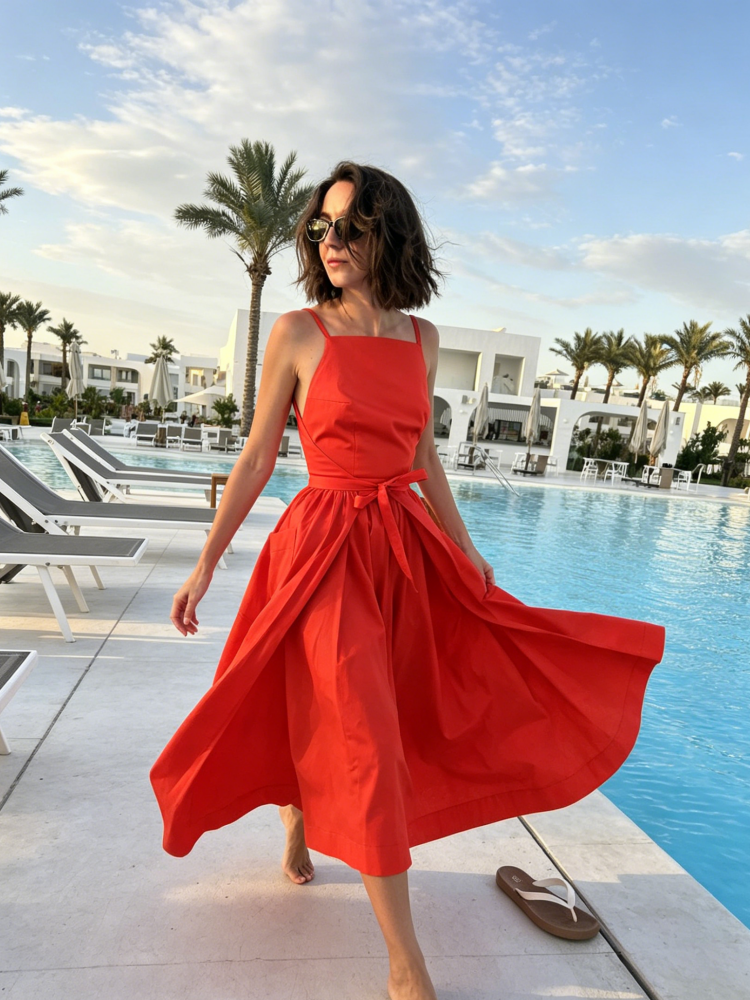 Rotes Midi-Kleid mit eckigem Ausschnitt und Bindegürtel