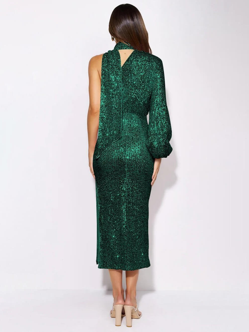 Pailletten-Neckholder-Midikleid mit asymmetrischem Saum