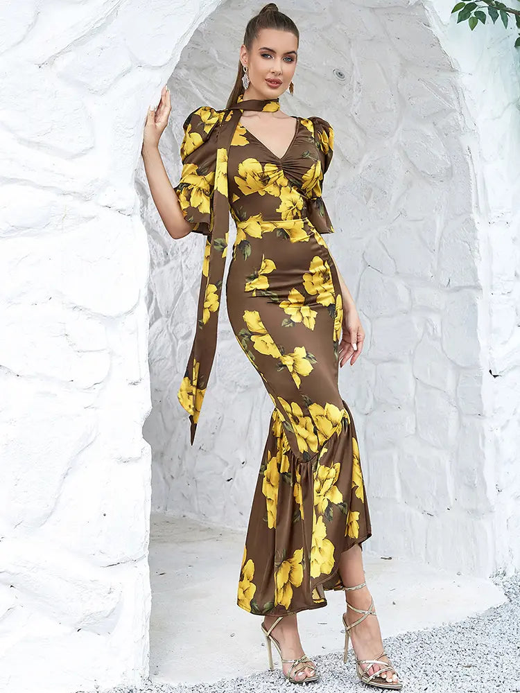 Vintage Puffärmel-Slim-Kleid
