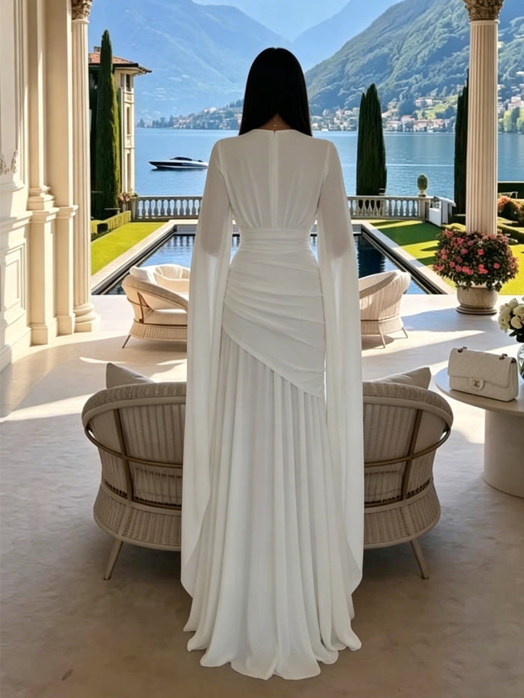 White Cape Sleeve Pleated Gown