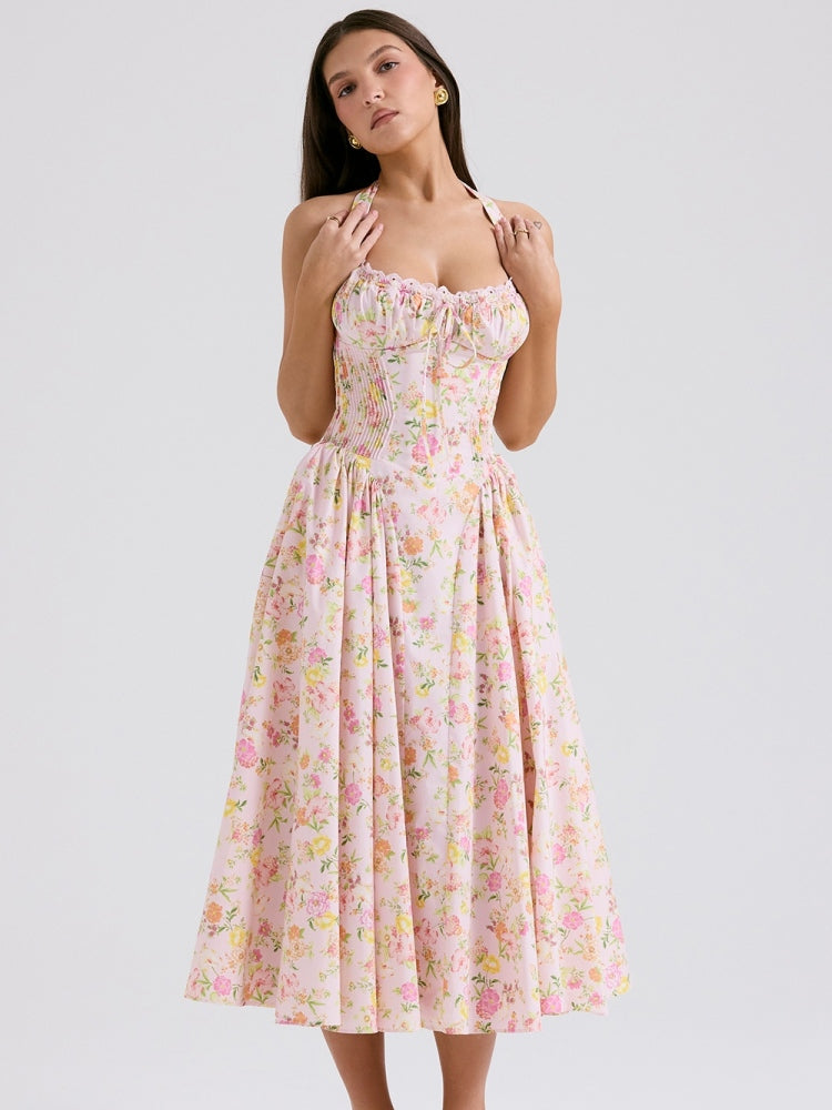 Rosa Wiesen-Print Rückenfreies Midi-Trägerkleid