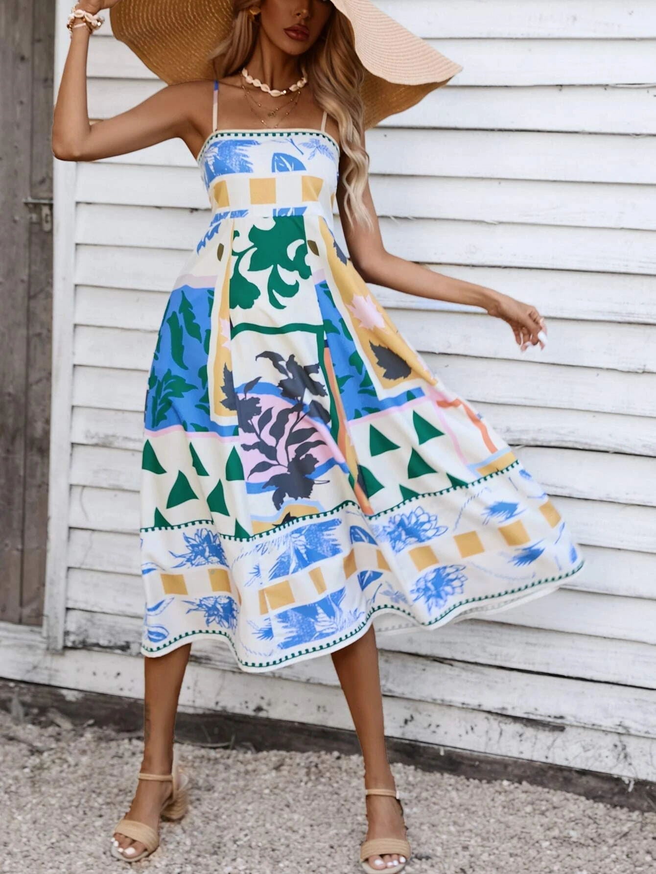 Patchwork-Slip-Maxikleid: Abstrakt bunt bedruckt