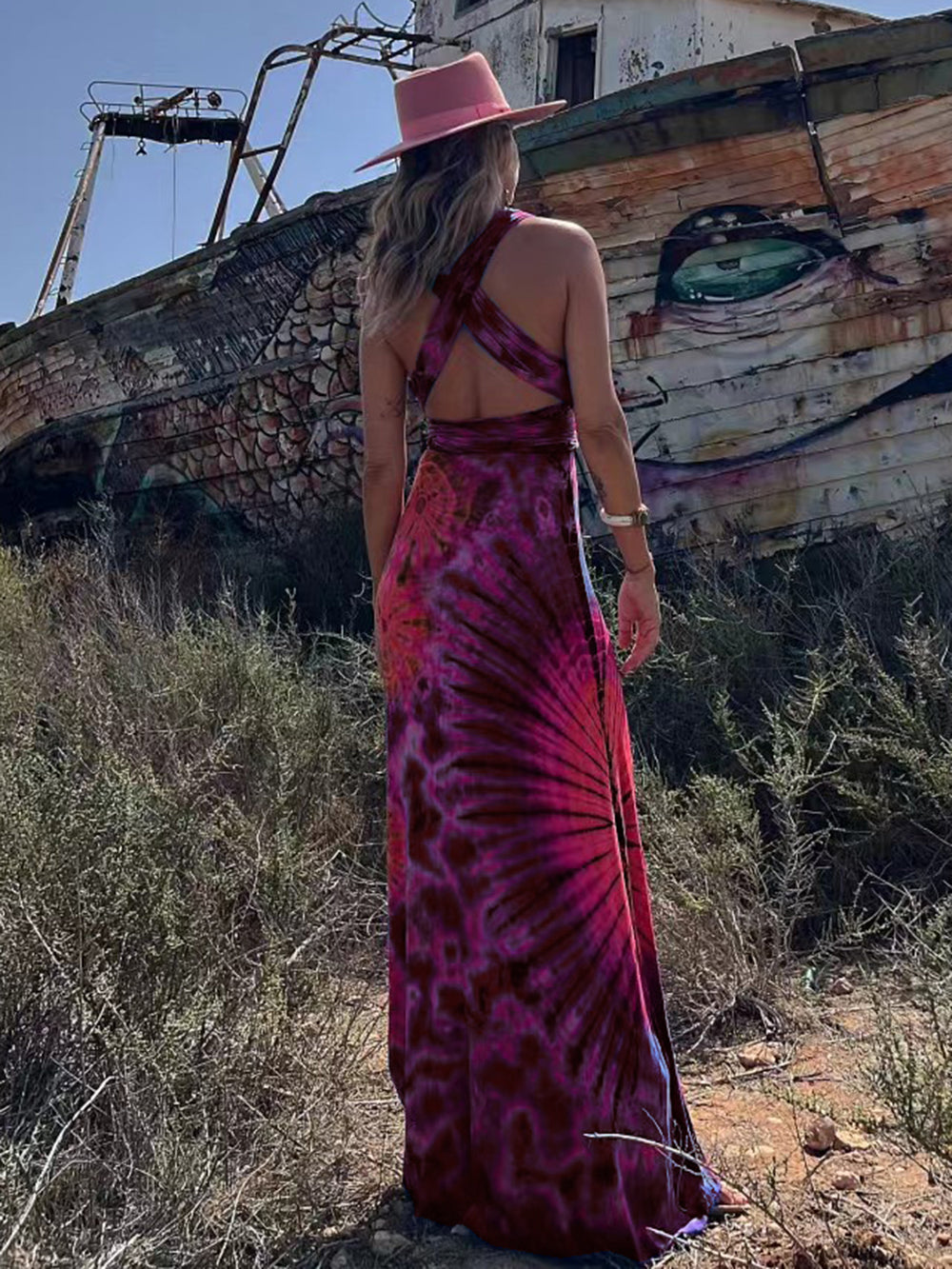 Batik-Print V-Ausschnitt Überkreuzte Träger Rückenfrei Stretch Maxikleid