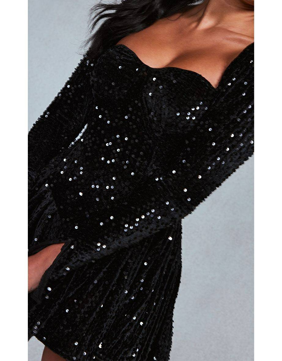 Schwarzes Pailletten-Minikleid mit langen Ärmeln und Cups