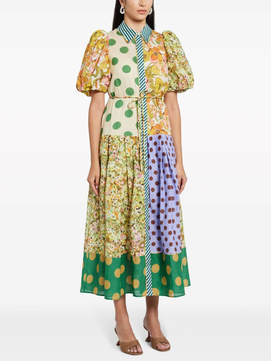 Exquisites Midi-Kleid mit Retro-Blumenmuster und Puffärmeln