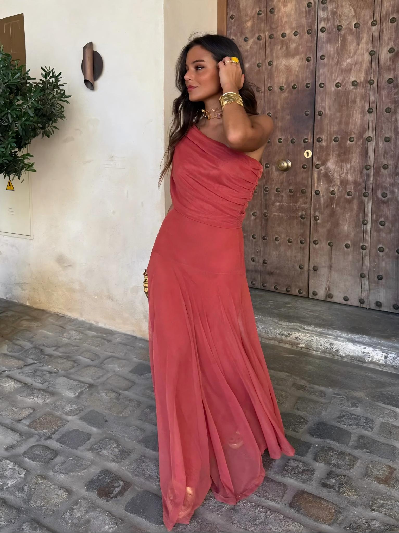Toledo One Shoulder Mesh Maxikleid